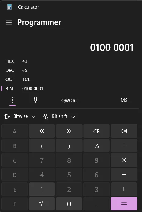 Binary data 0100 0001 represented in several different bases.